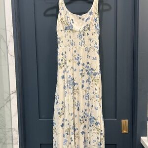 REFORMATION DARBY DRESS- Ivory with Blue Floral Print and Tie Straps- MEDIUM